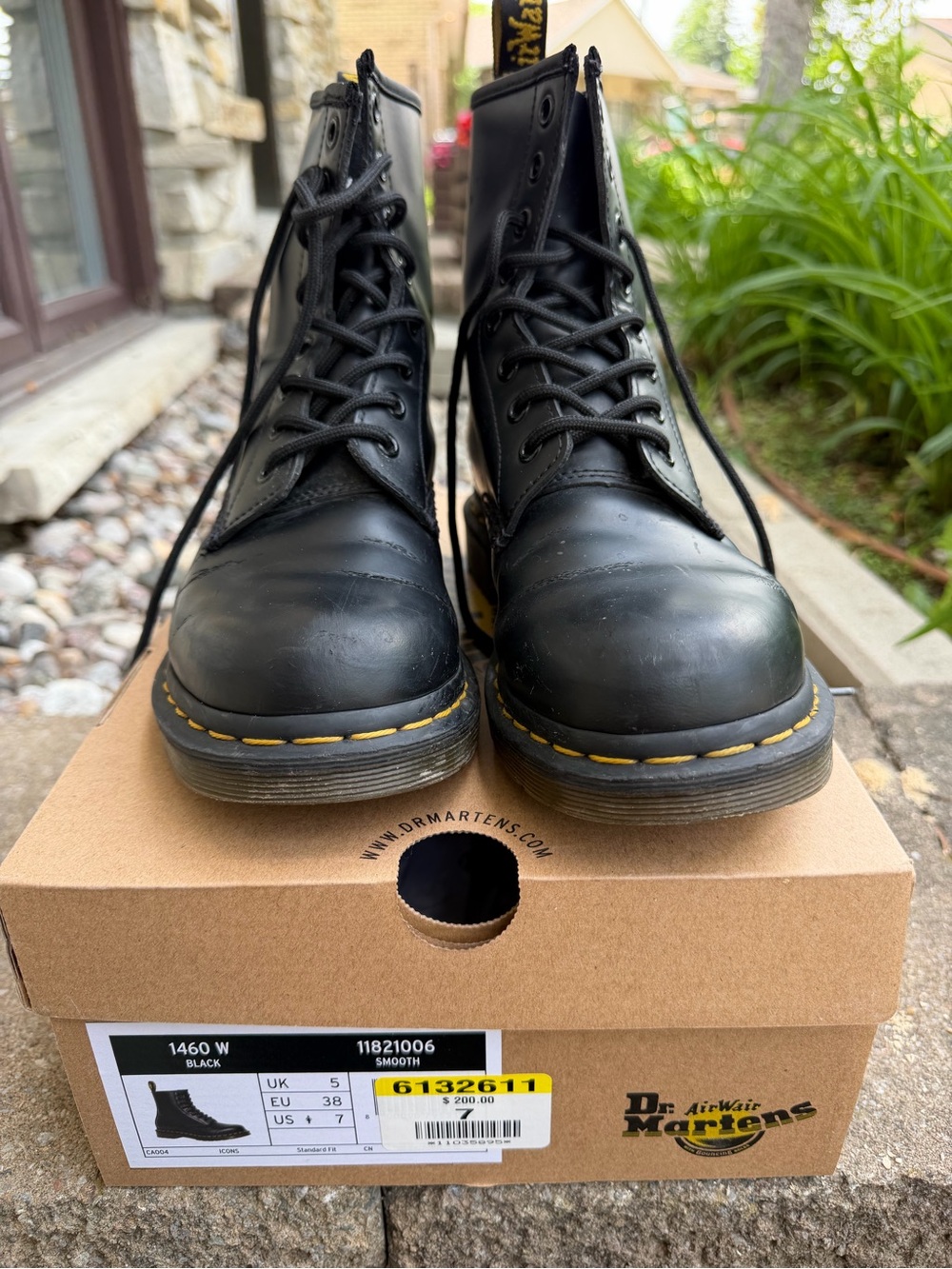 Dr. Martens size 7 Black Leather Lace-Up Ankle Boots with Yellow Stitching